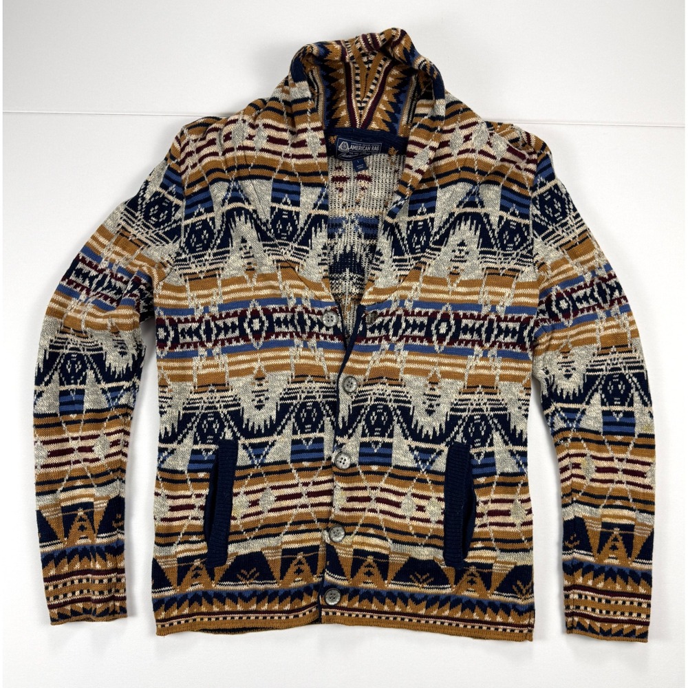 American Rag CIE Mens L Southwestern Aztec Cardigan Sweater Collar Cotton #1967
